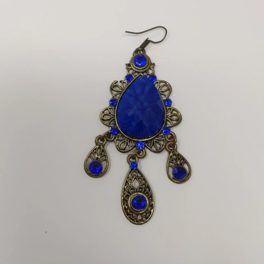 Colbalt Blue Dangle Earrings Filagree Ornate Boho Romantic